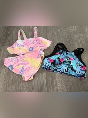 Tropical Print Swim 2 Tops and 1 Bikini Bottom Set - Pink & Black